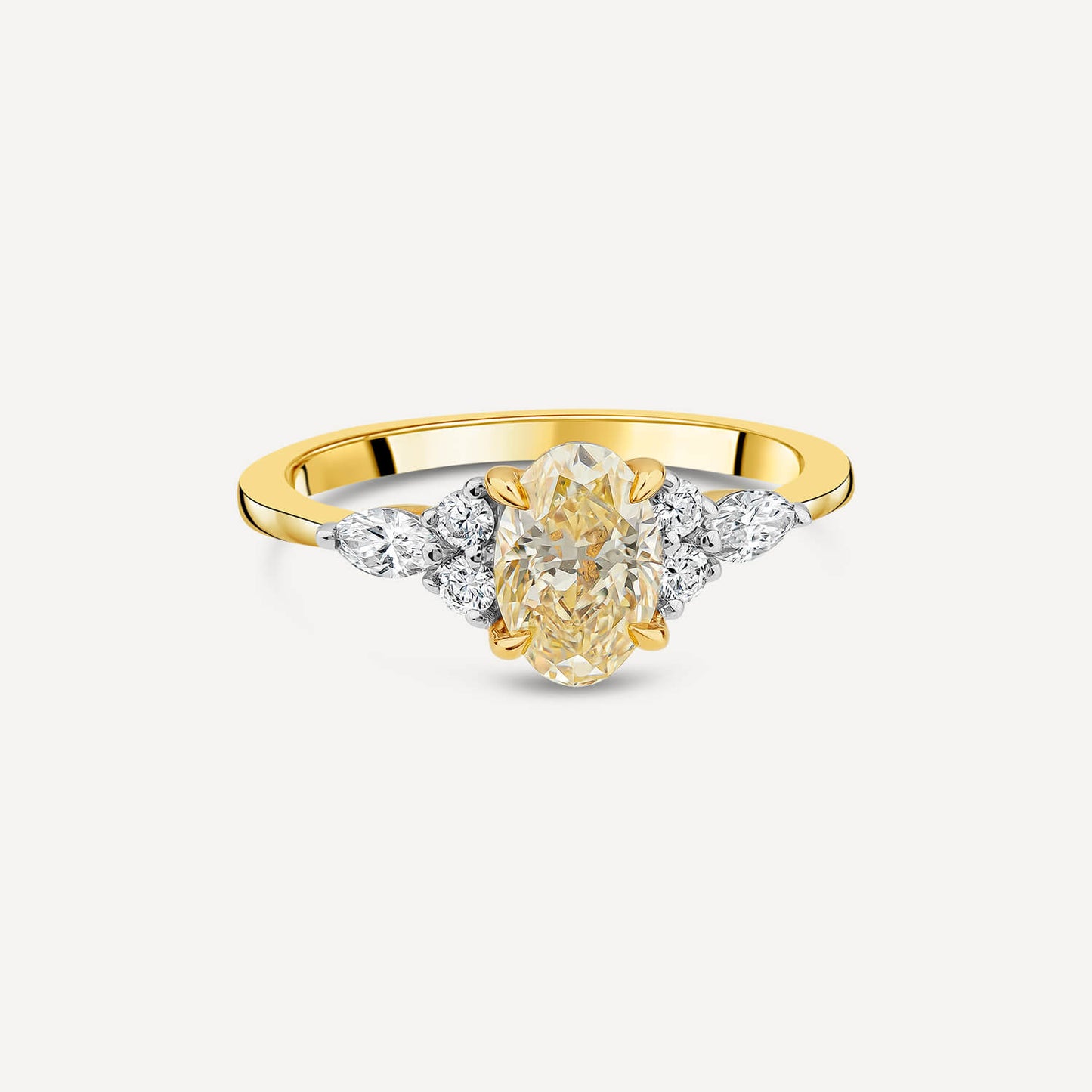 Born 18ct Yellow Gold 1.33ct Yellow Oval Centre & Round/Marquise Lab Grown Diamond Sides Ring