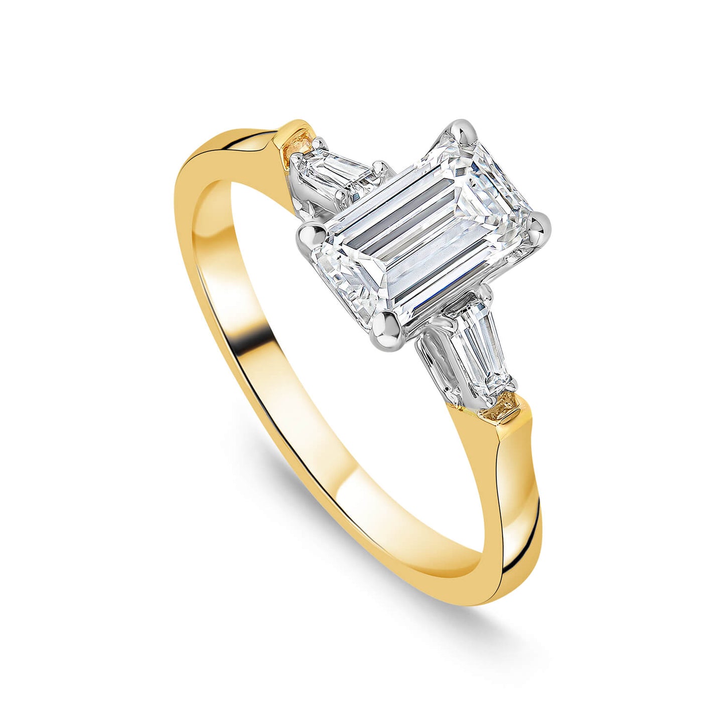 Born 18ct Yellow Gold 1.38ct Lab Grown Emerald Cut & Baguette Diamond Sides Ring