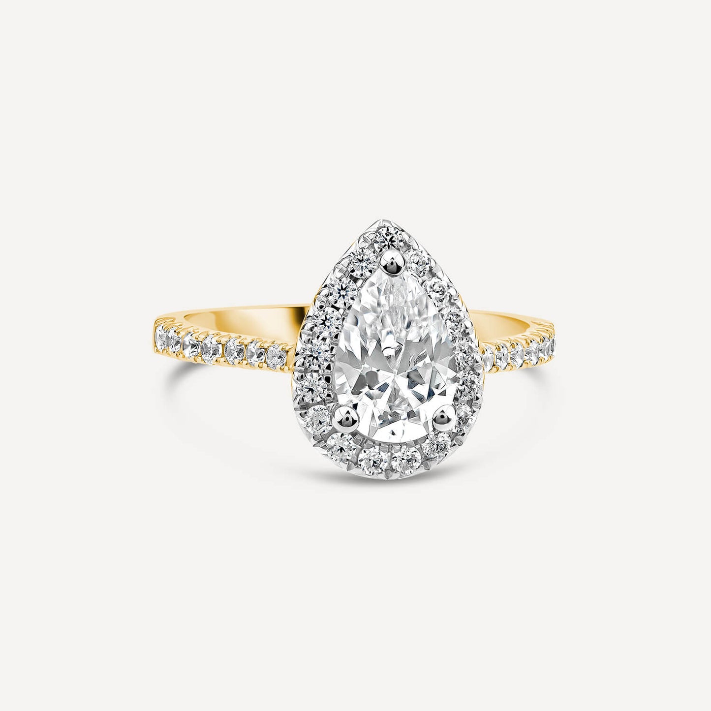 Born 18ct Yellow Gold 1.61ct Lab Grown Pear Halo & Diamond Sides Ring