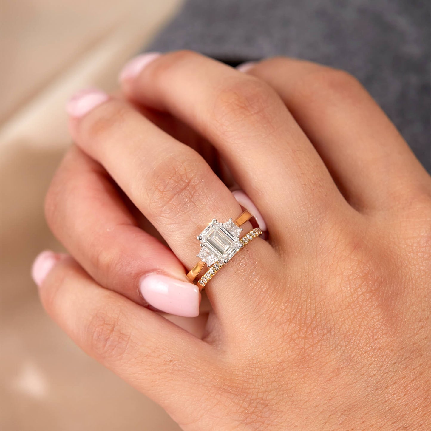 Born 18ct Yellow Gold 1.86ct Lab Grown Emerald Centre & Trapezoid Shaped Sides Diamond Ring