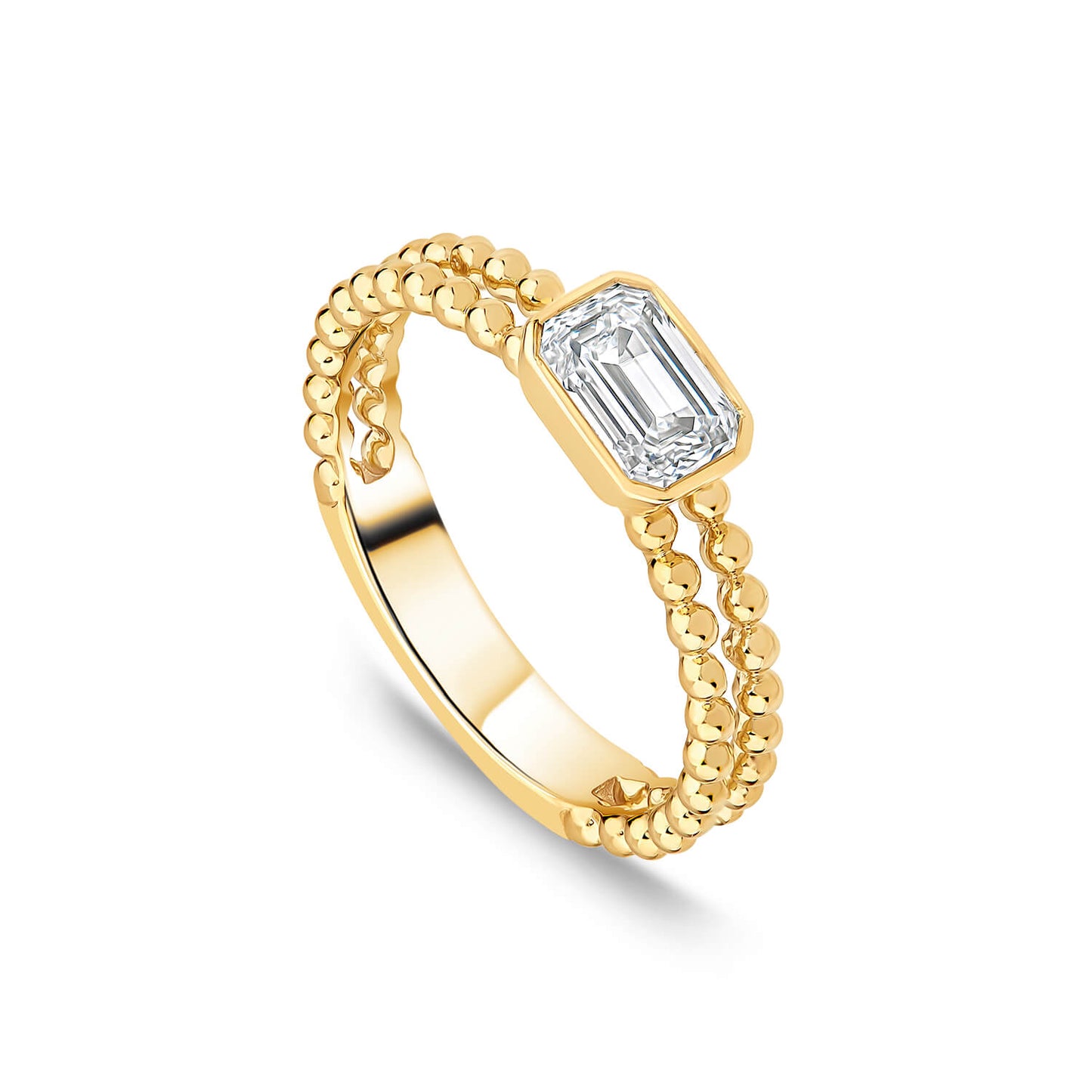 Born Granules 9ct Yellow Gold Lab Grown 0.70ct Emerald Cut Diamond Beaded Double Band Ring