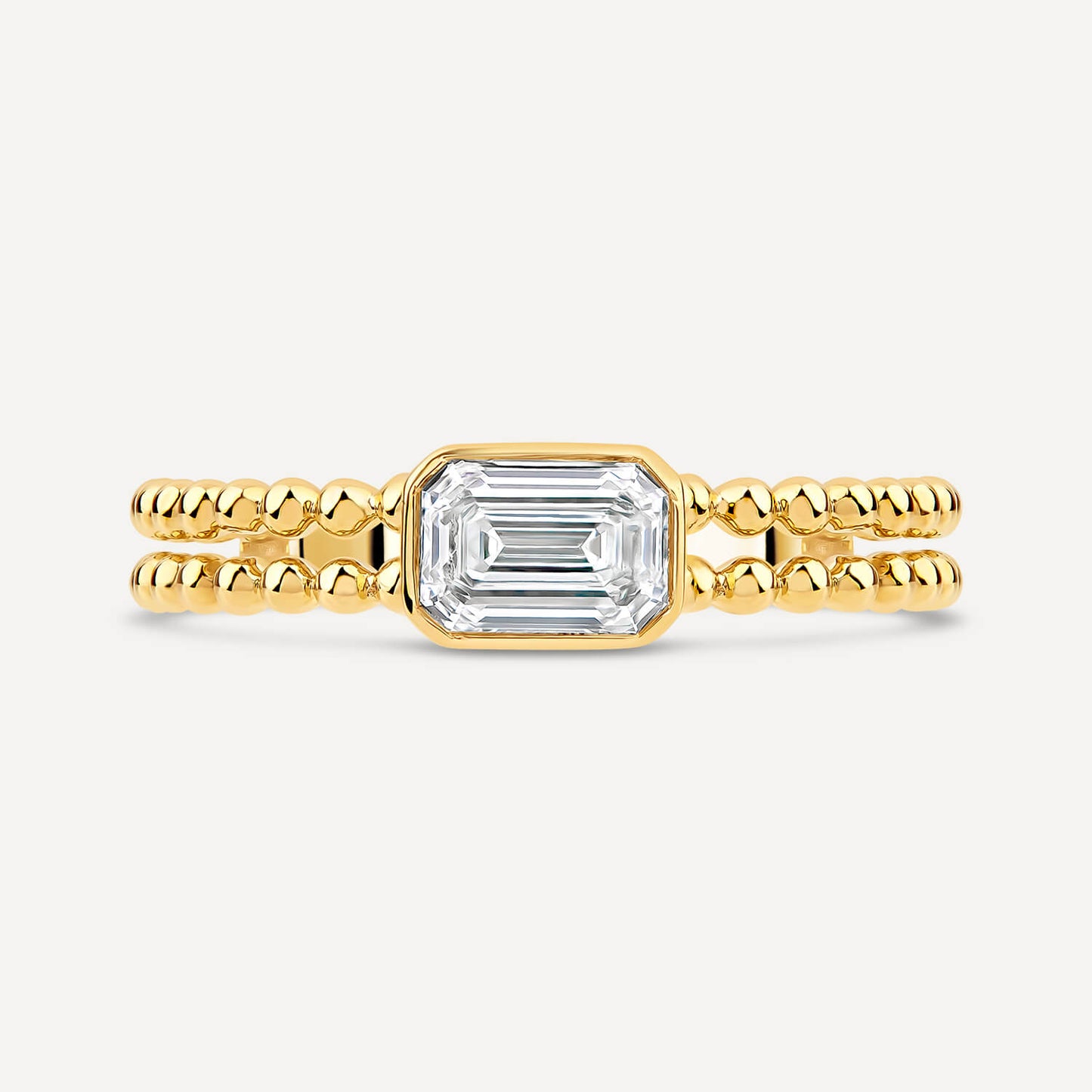 Born Granules 9ct Yellow Gold Lab Grown 0.70ct Emerald Cut Diamond Beaded Double Band Ring