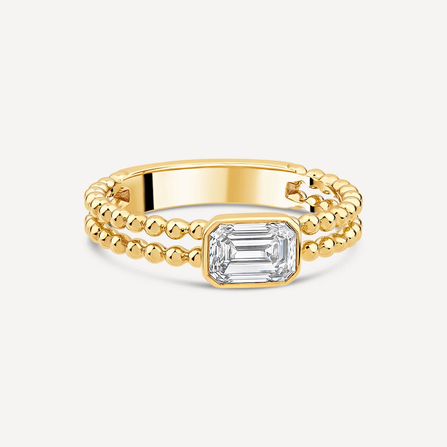 Born Granules 9ct Yellow Gold Lab Grown 0.70ct Emerald Cut Diamond Beaded Double Band Ring