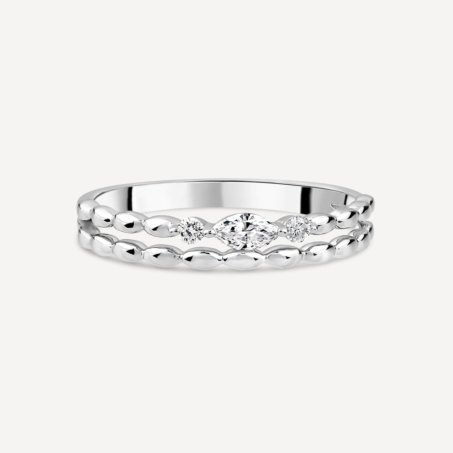 Born Kissed with Diamonds 9ct White Gold Lab 0.12ct Marquise Diamond Bead Double Band Ring