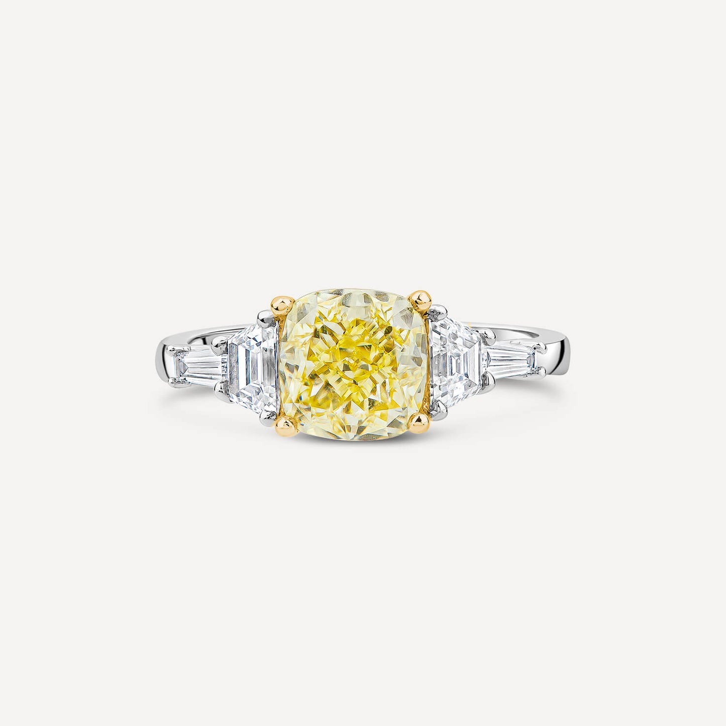 Born Platinum & 18ct YG 2.6ct Yellow Cushion Centre Tapered Shaped Lab Grown Diamond Sides Ring