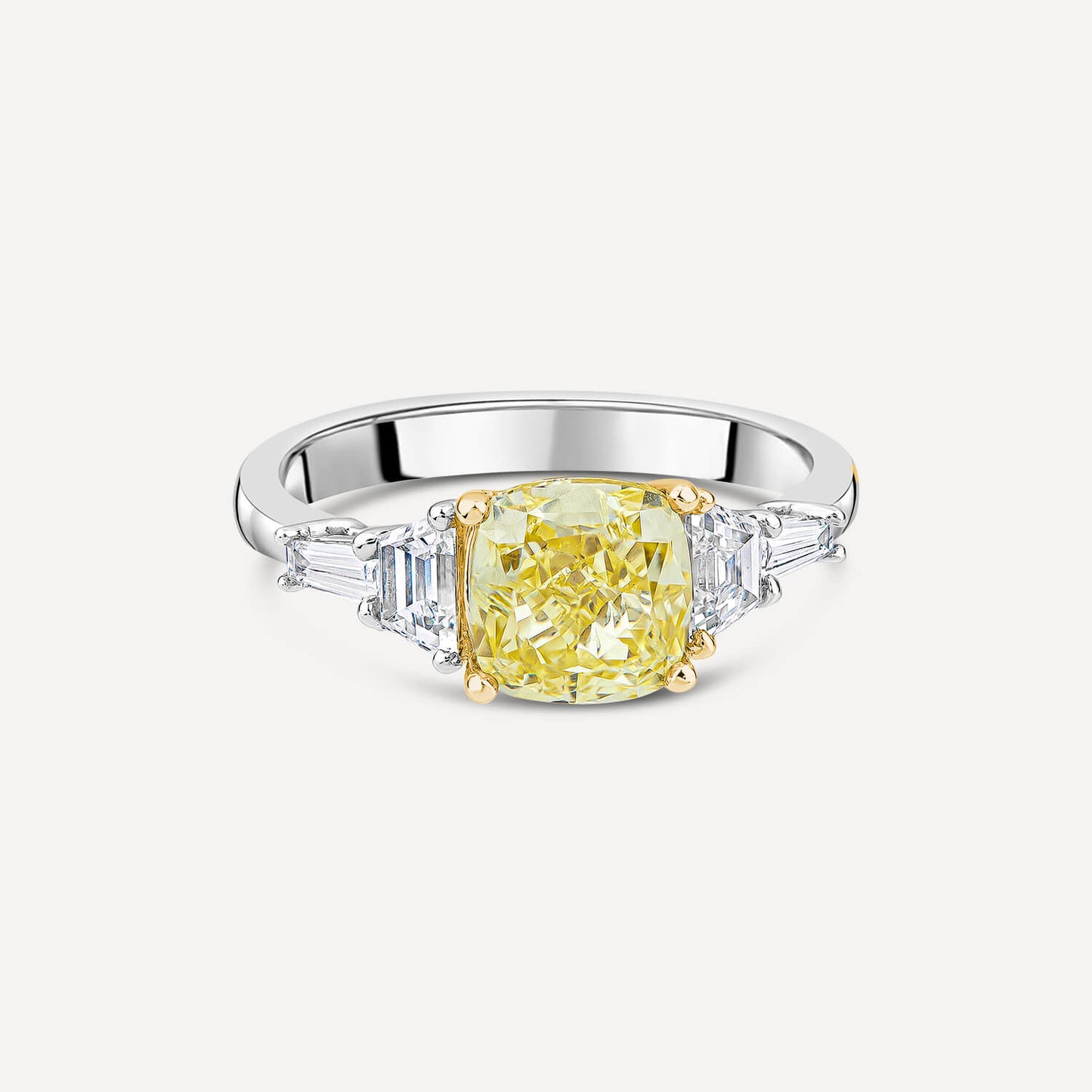 Born Platinum & 18ct YG 2.6ct Yellow Cushion Centre Tapered Shaped Lab Grown Diamond Sides Ring