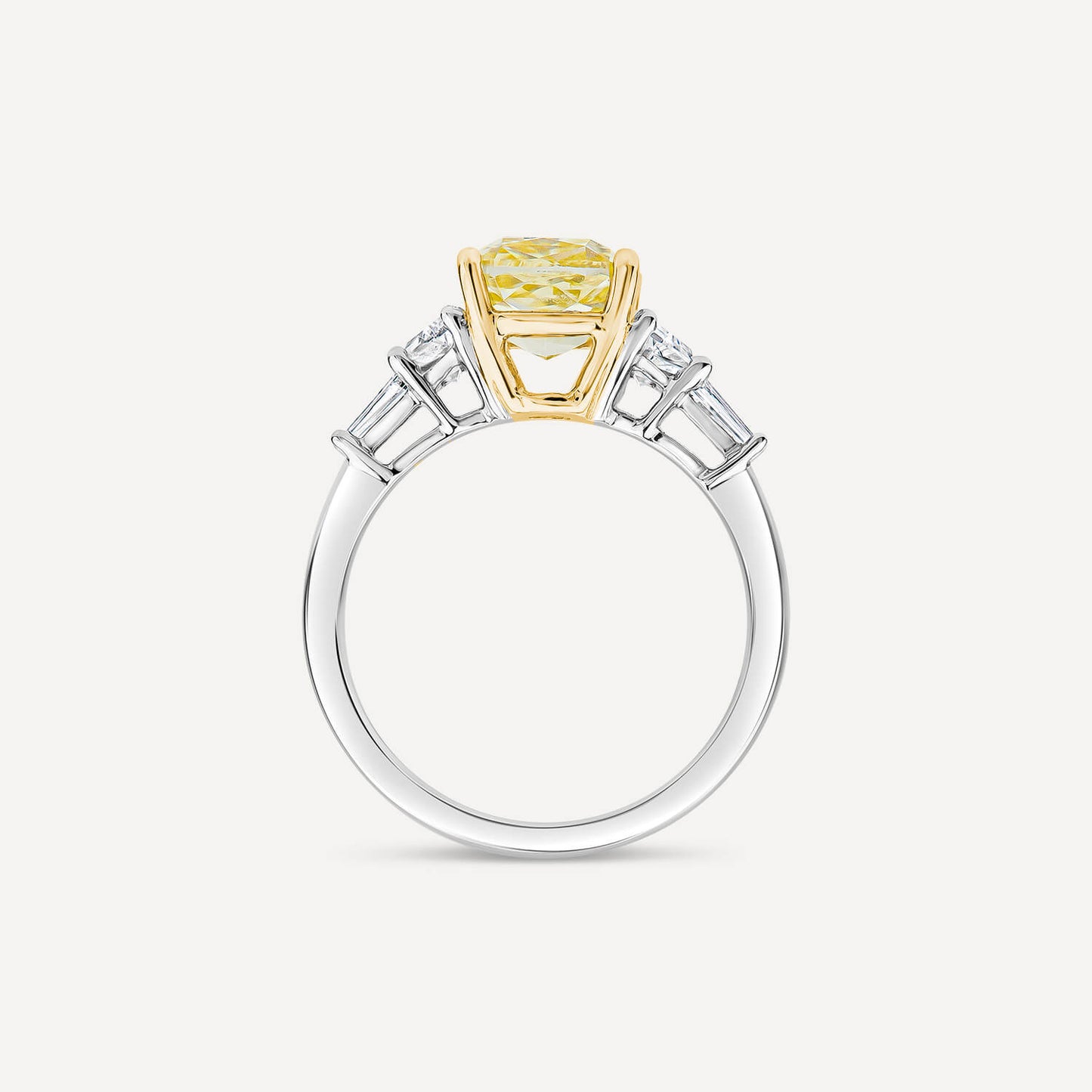 Born Platinum & 18ct YG 2.6ct Yellow Cushion Centre Tapered Shaped Lab Grown Diamond Sides Ring