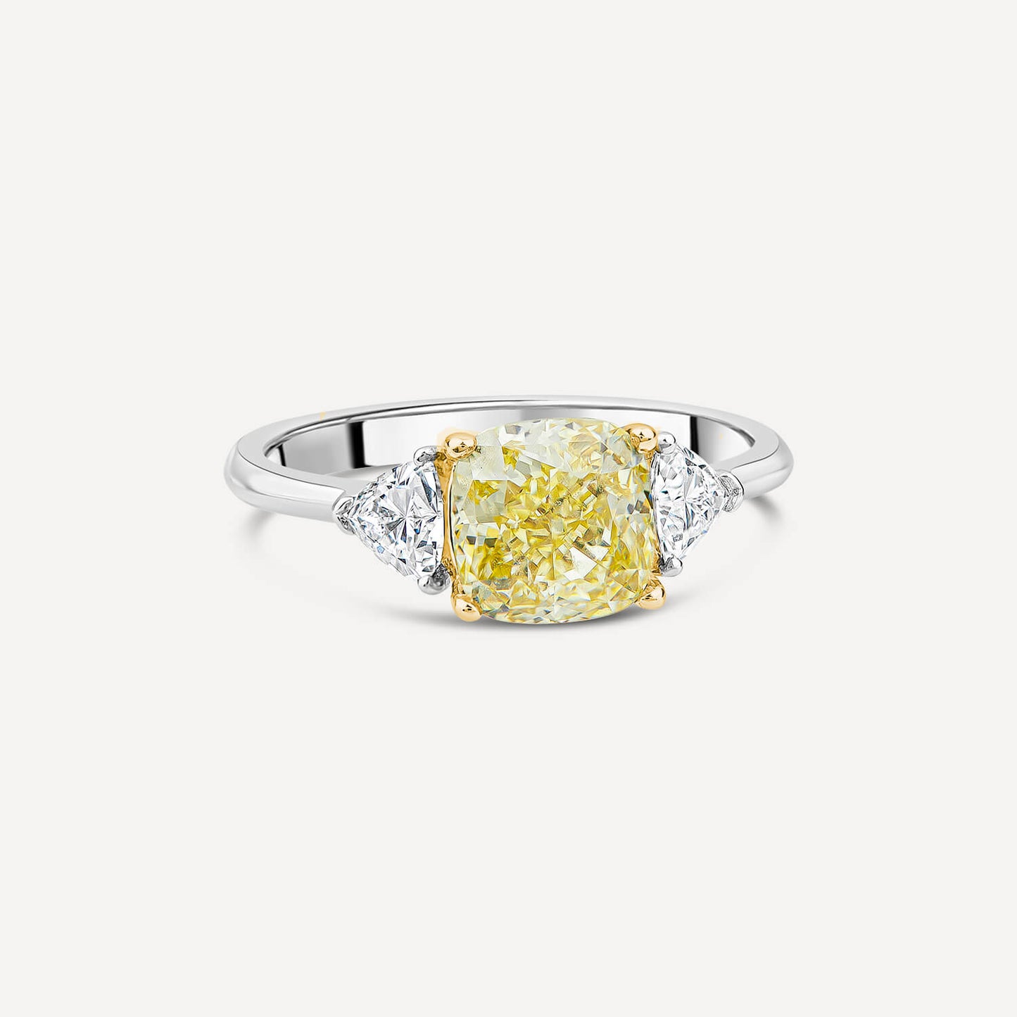 Born Platinum & 18ct YG Head 2.50ct Yellow Cushion Centre Trilogy Lab Grown Diamond Sides Ring