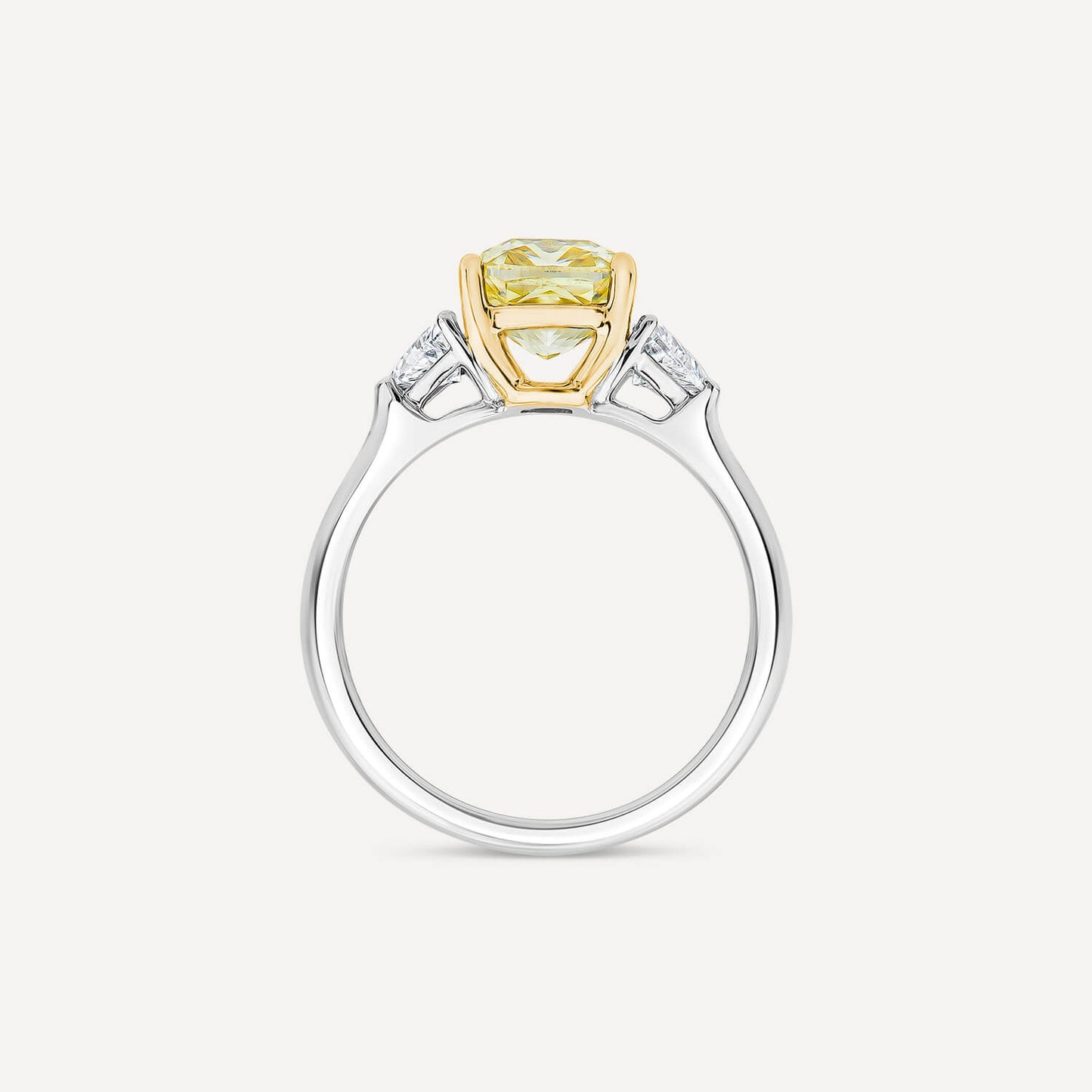 Born Platinum & 18ct YG Head 2.50ct Yellow Cushion Centre Trilogy Lab Grown Diamond Sides Ring