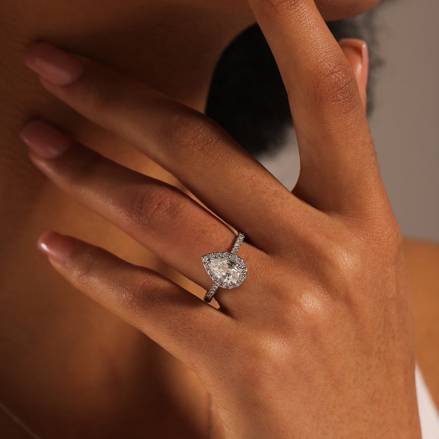 Born Platinum 1.40ct Lab Grown Pear Halo & Diamond Sides Ring