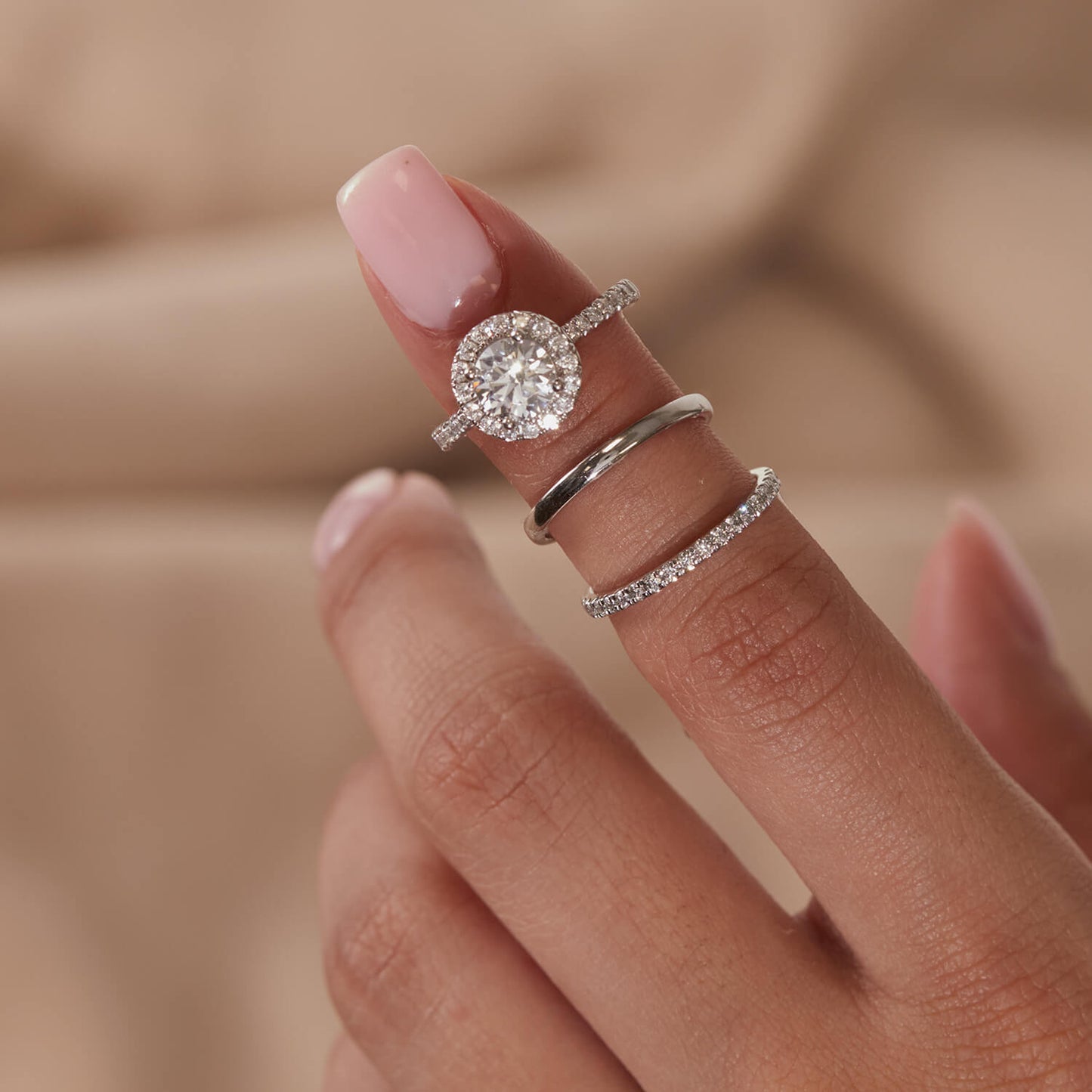 Born Platinum 1.40ct lab Grown Round Halo & Diamond Sides Ring