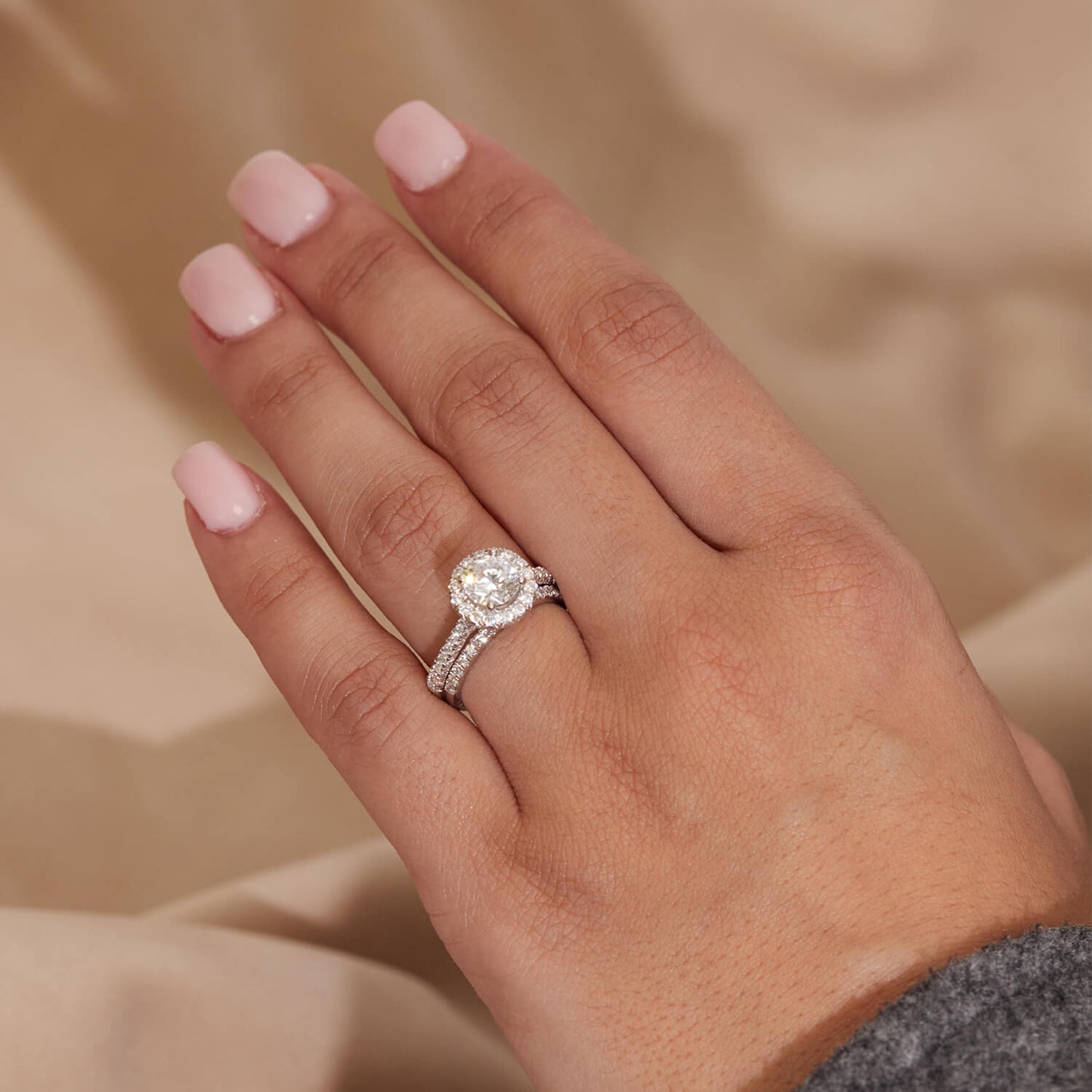 Born Platinum 1.40ct lab Grown Round Halo & Diamond Sides Ring