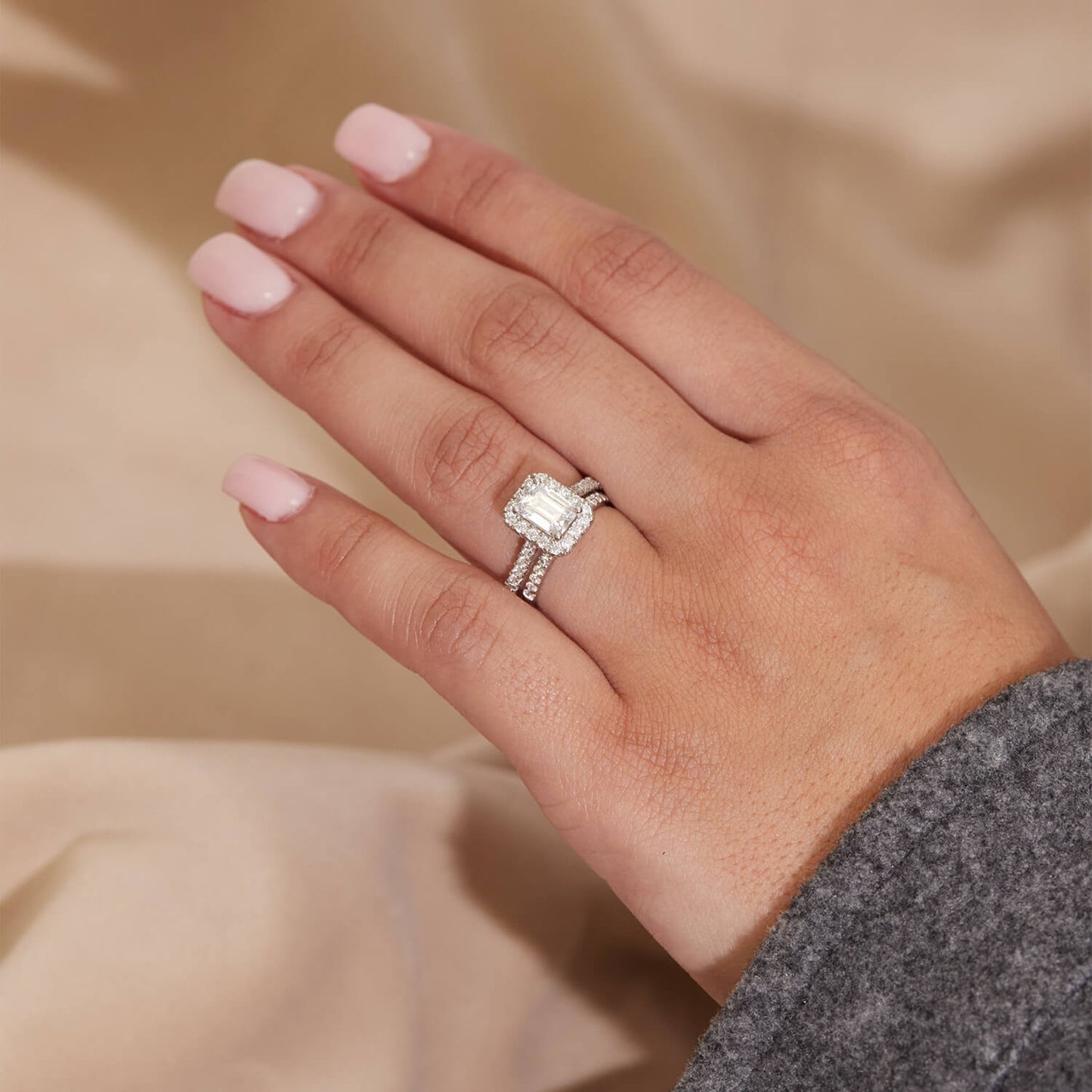 Born Platinum Lab Grown 1.40ct Emerald Cut Diamond Halo & Sides Ring