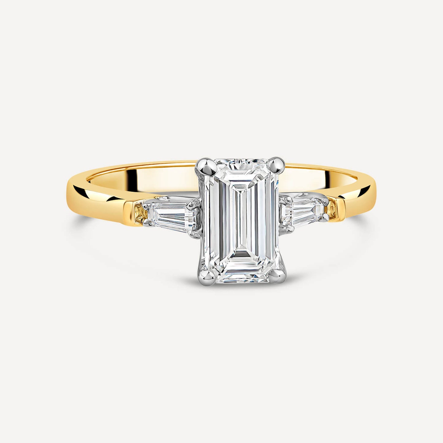 Born 18ct Yellow Gold 1.38ct Lab Grown  Emerald Cut & Baguette Diamond Sides Ring