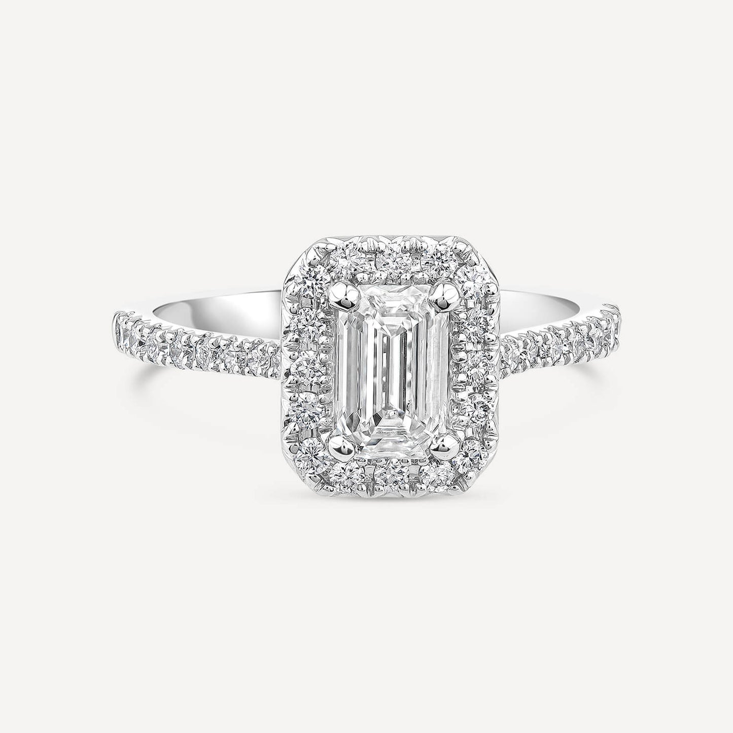 Born Platinum Lab Grown 1.40ct Emerald Cut Diamond Halo & Sides Ring
